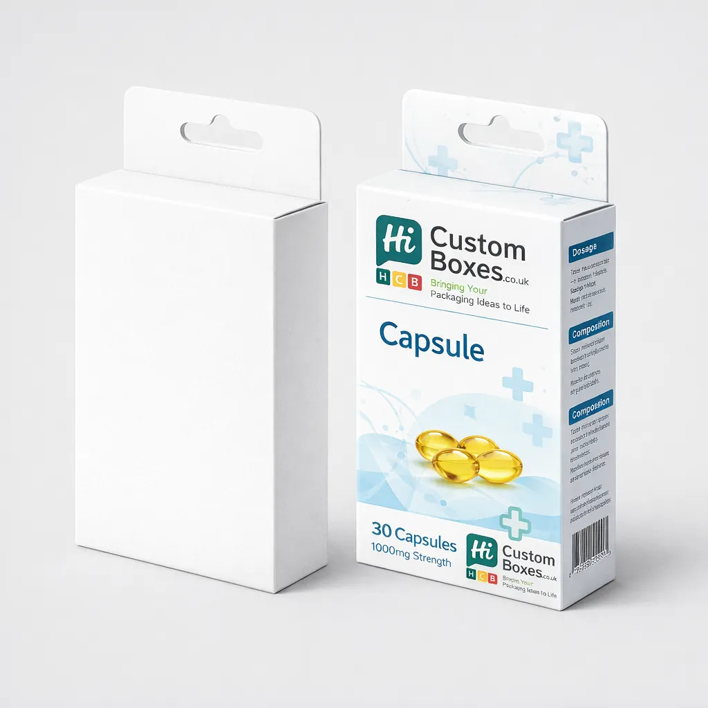 A plain white cardboard box next to a branded blue and white medical capsule box. class=